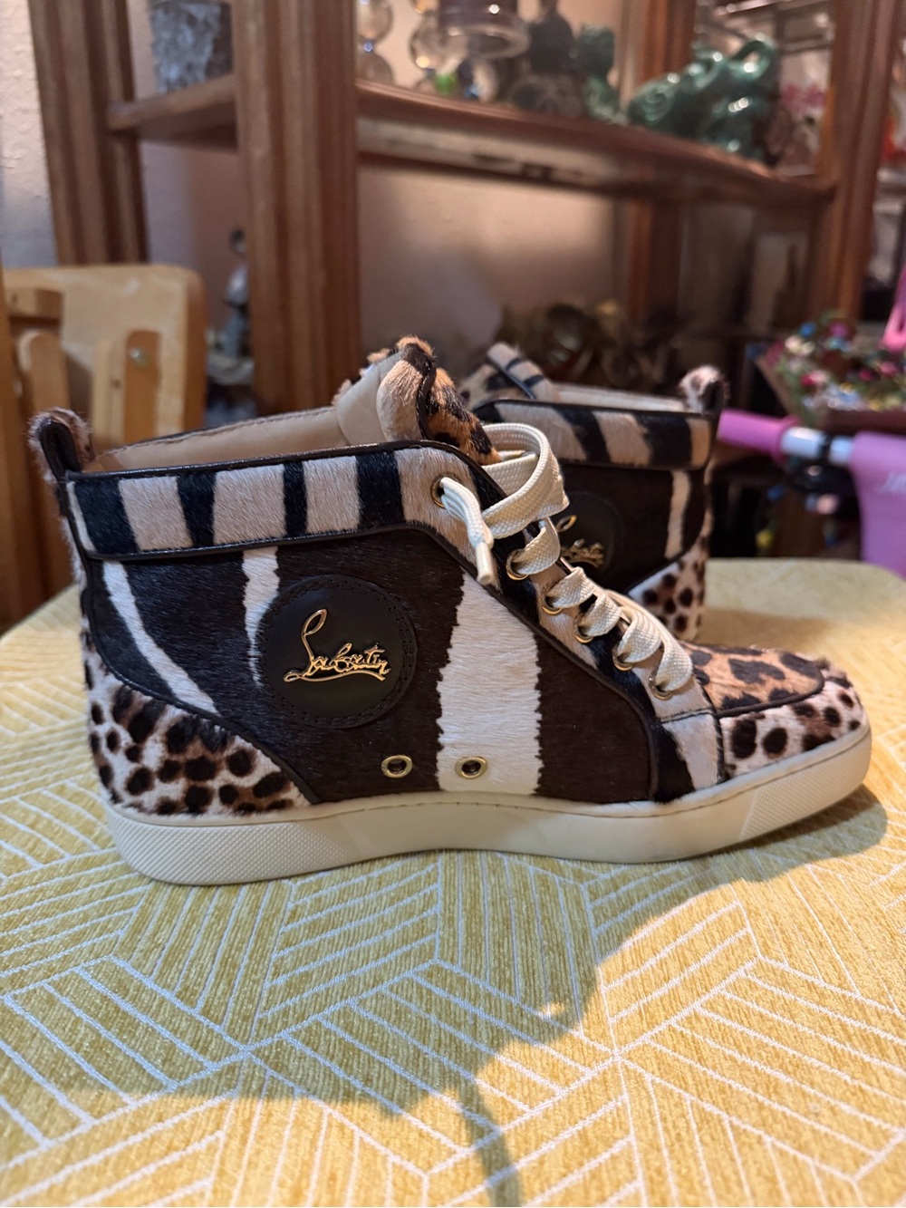 Christian Louboutin Women's Animal-Print High-Top Sneakers - Black/White/Brown